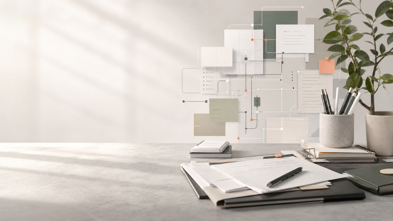 Layered notes and subtle interface panels on a clean desk